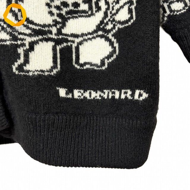 希少✨【レオナール】ウール100%フラワートリム ロゴプリント 長袖ニット 42 wnc レオナール LEONARD カーディガン M 黒 白 カシミヤ ニット 金