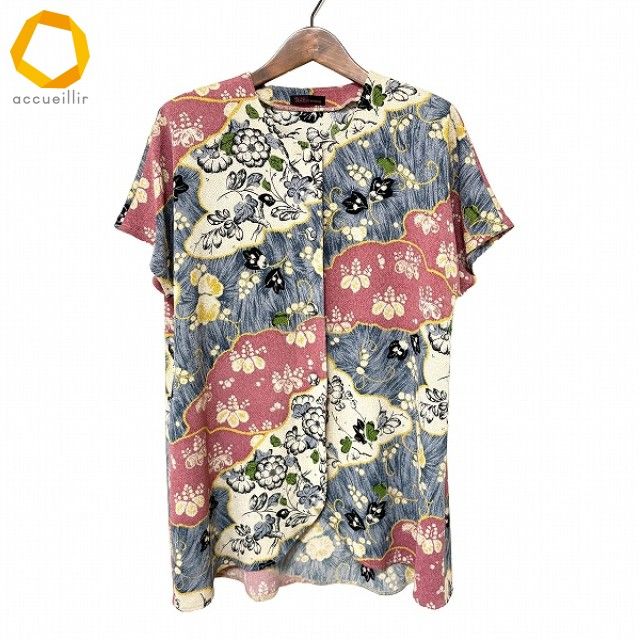 snc シセンドウ 詩仙堂 チュニック ベージュ ピンク 水色 ちりめん シャツ ノー ドルマン 花柄 レディース 975220