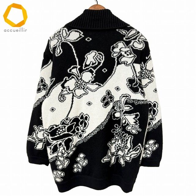 wnc レオナール LEONARD カーディガン M 黒 白 カシミヤ ニット 金ボタン 襟付き フラワーモチーフ ロゴ レディース 955995