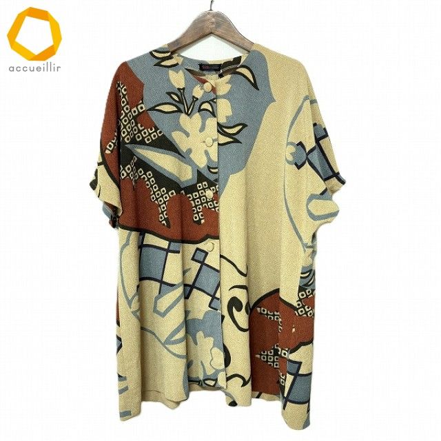 snc シセンドウ 詩仙堂 チュニック ベージュ 茶 水色 ちりめん シャツ ノー 総柄 ドルマン レディース 975222