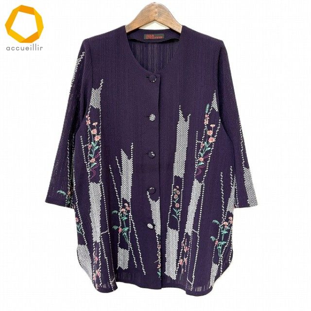 anc シセンドウ 詩仙堂 チュニック 紫 マルチ シャツ ノー 七分袖 鹿の子柄 花柄 レディース 975223