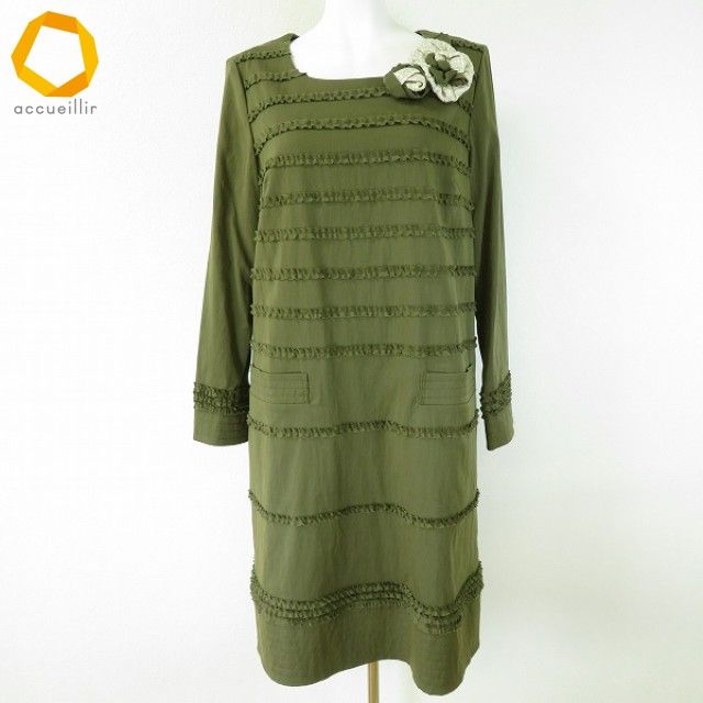 a インゲボルグ INGEBORG ワンピース 3 カーキ系 フリル ボーダー 花モチーフ 長袖 レディース 958205 k01