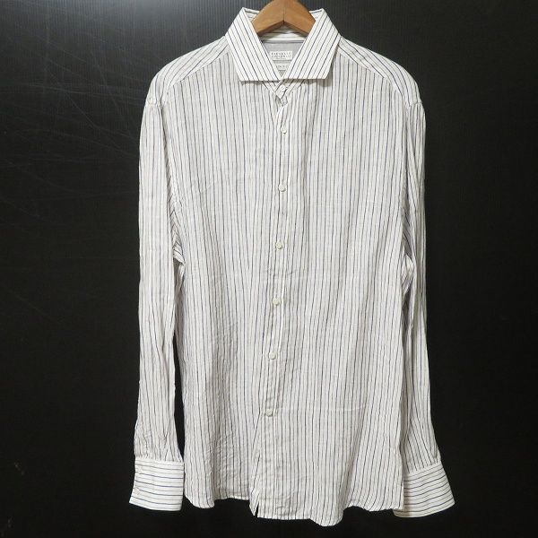 snc ブルネロクチネリ BRUNELLOCUCINELLI 長袖シャツ XXL 白 茶 紺 麻 ストライプ 大きいサイズ イタリア製 メンズ 959463