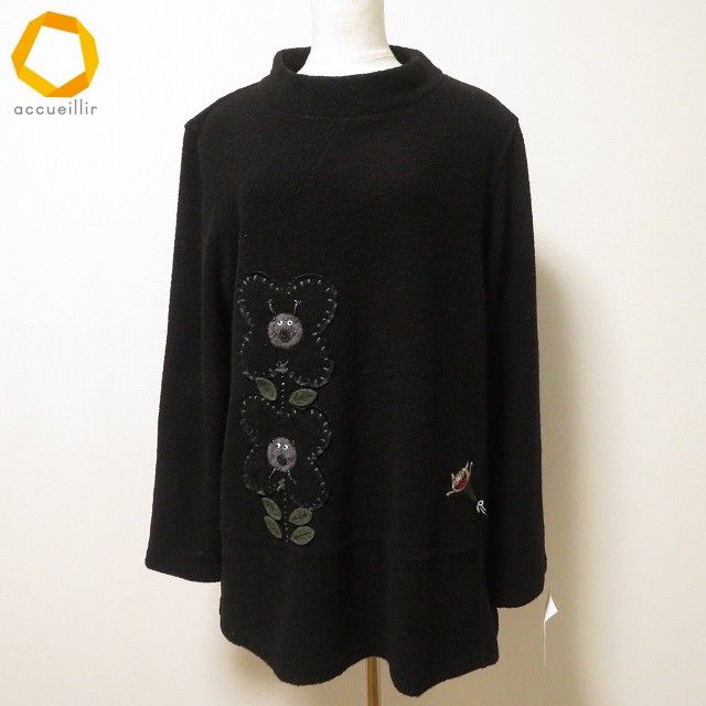 wnc アルベロベロ ALBEROBELLO ニット セーター チュニック 黒 ハイネック 花モチーフ 刺繍 ブタ ビーズ レディース 962607