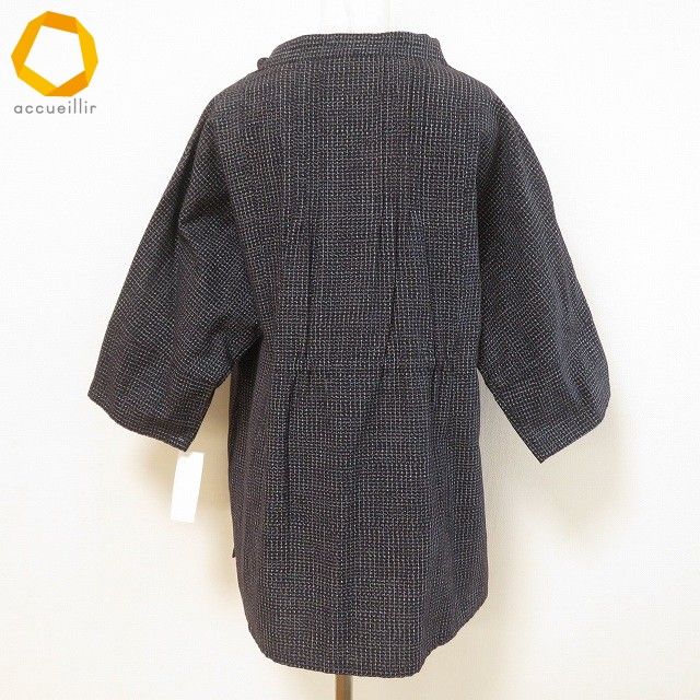 anc ギエモン 儀右衛門 オカモト商店 チュニック シャツ ブラウス 黒 青 白 絣 スタンド ドルマン 総柄 レディース 964093