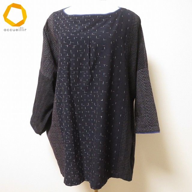 知らなきゃ損！ anc ギエモン 儀右衛門 オカモト商店 カットソー チュニック 紺 黒 白 絣 ドルマン 切替え 和風 レディース 964096 出色の