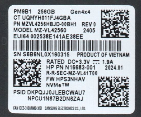 PCパーツ 使用時間：10時間・電源投入：56回／Samsung OEM 256GB M.2