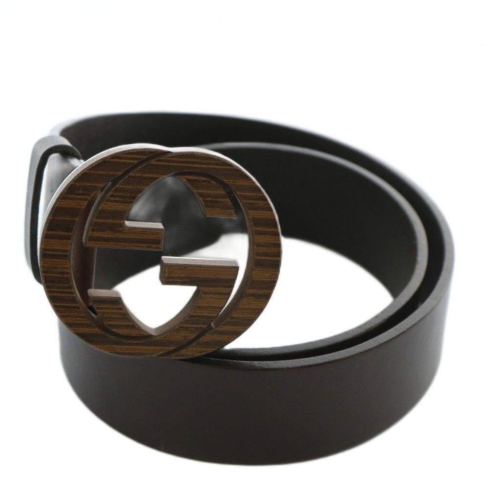 グッチ GUCCI ベルト ハトメ レザー インターロッキング GGバックル 木目 ウッド 85 31 黒 ブラック 268235 525040 XZ GY18