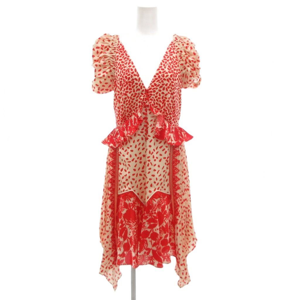 セルフポートレイト self-portrait Dot Satin Printed dress ドット サテン プリント ドレス ワンピース フリル レース半袖 プランジング Vネック ロング バルーンスリーブ 赤 レッド 白 ホワイト UK6