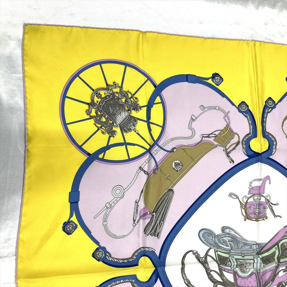 エルメス HERMES カレ90 SPRINGS 馬車 LEDOUX スカーフ シルク イエロー ピンク レディース