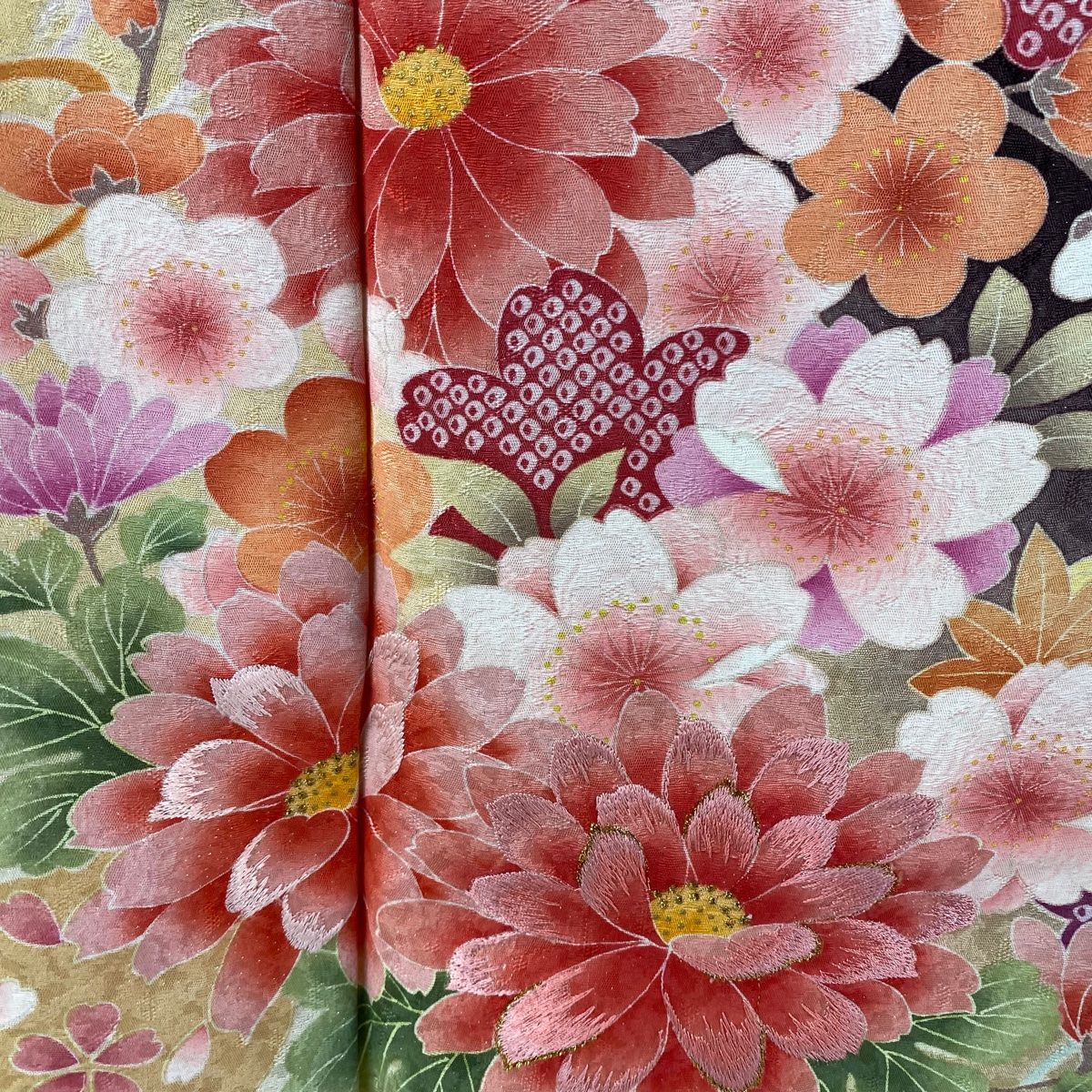 振袖 身丈164cm 裄丈64.5cm M 袷 草花 金銀彩 ぼかし 山吹色 正絹 秀品 【中古】