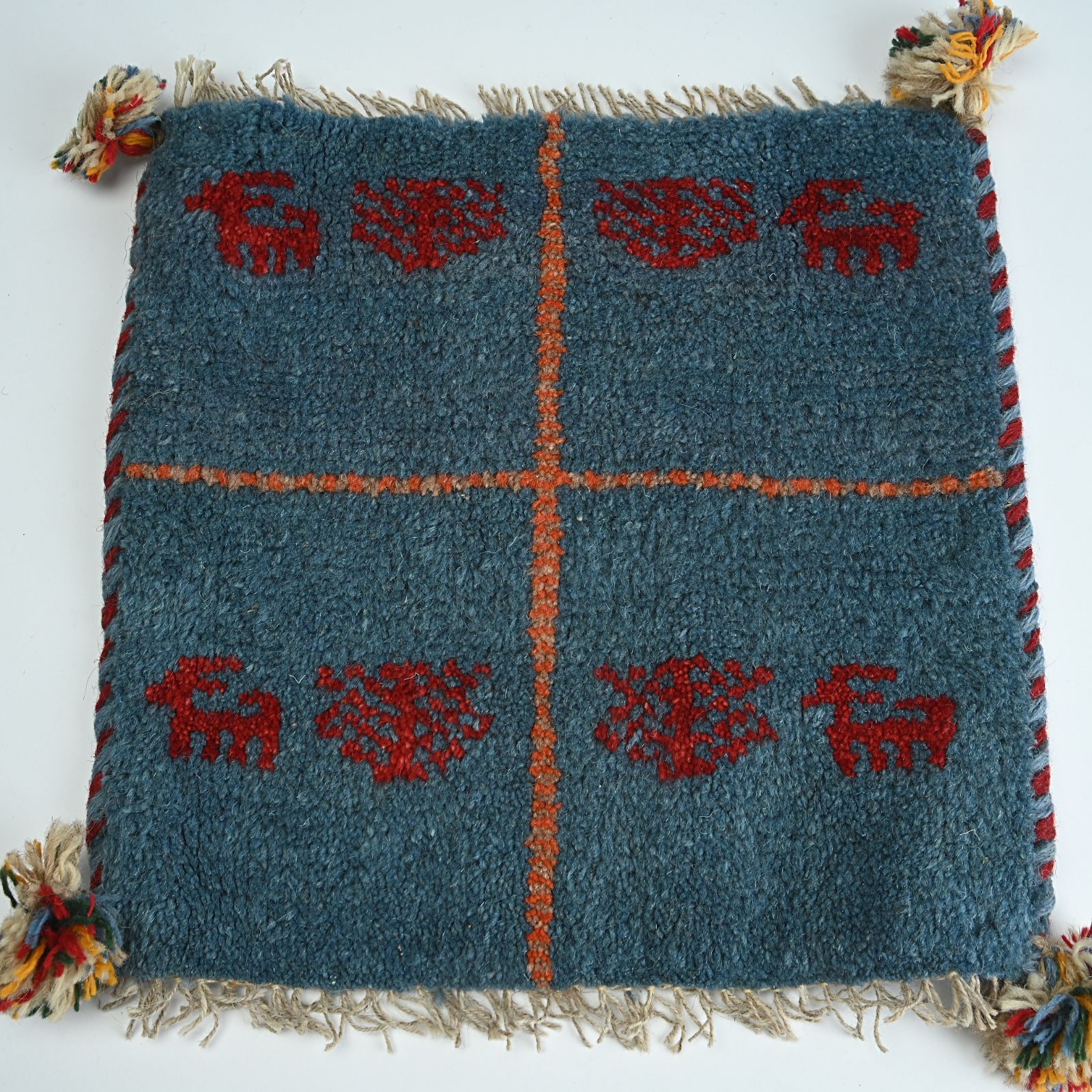 ペルシャ絨毯 手織 ギャッベ ウール チェアマット 39 39㎝ シーラズ イラン Persian Gabbe 座布団 青