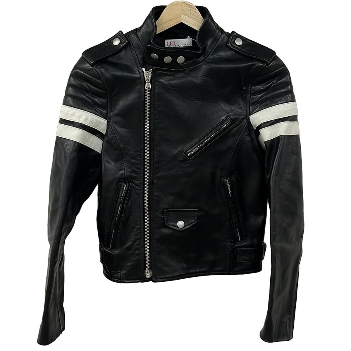 RED VALENTINO レッドバレンチノ ライダースジャケット サイズ38 M レディース - 黒×白 長袖 レザー 秋 冬
