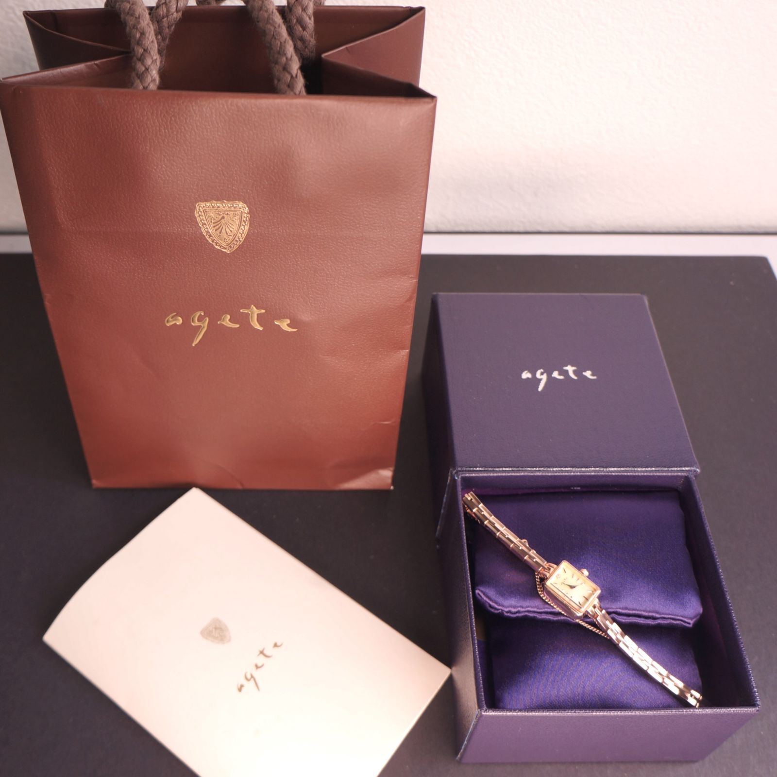 稼働美品】agete スクエアフェイスジュエリーウォッチ ピンクゴールド