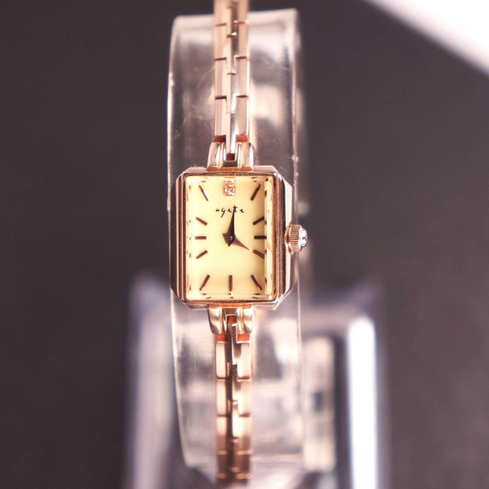 稼働美品】agete スクエアフェイスジュエリーウォッチ ピンクゴールド