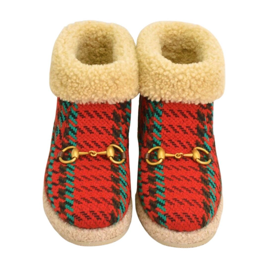 グッチ GUCCI ホースビット ショートブーツ ムートン 千鳥格子 ツイード サイズ 36 1 2 レッド 599017 レディース F YA 1164