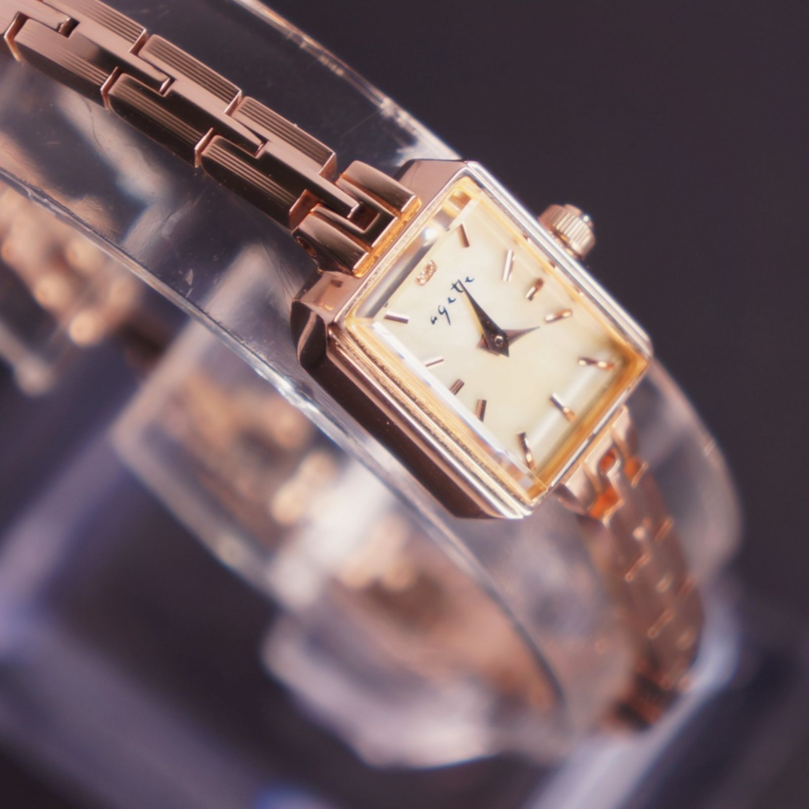 稼働美品】agete スクエアフェイスジュエリーウォッチ ピンクゴールド