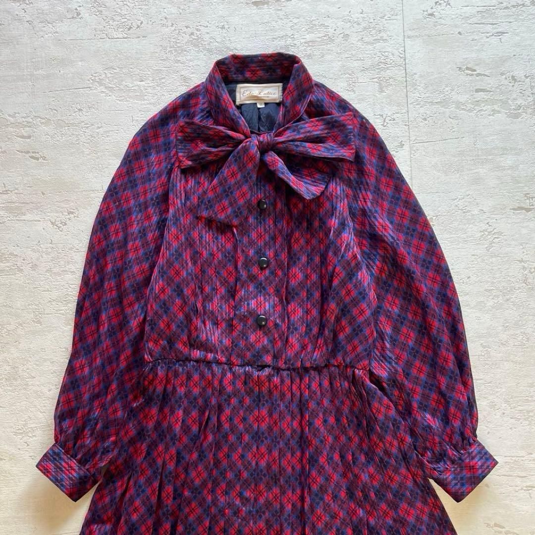 昭和レトロ 赤×紺チェックワンピース｜リボンタイ付き クラシカルドレス