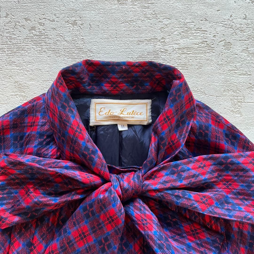 赤×紺チェックワンピース｜リボンタイ付き