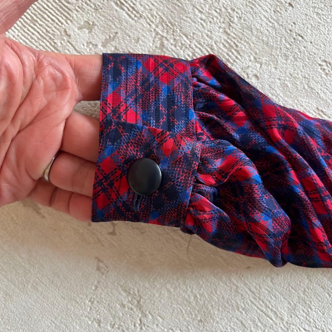 赤×紺チェックワンピース｜リボンタイ付き