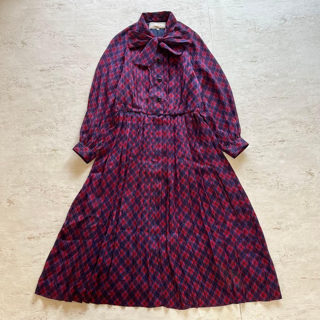 赤×紺チェックワンピース｜リボンタイ付き クラシカルドレス