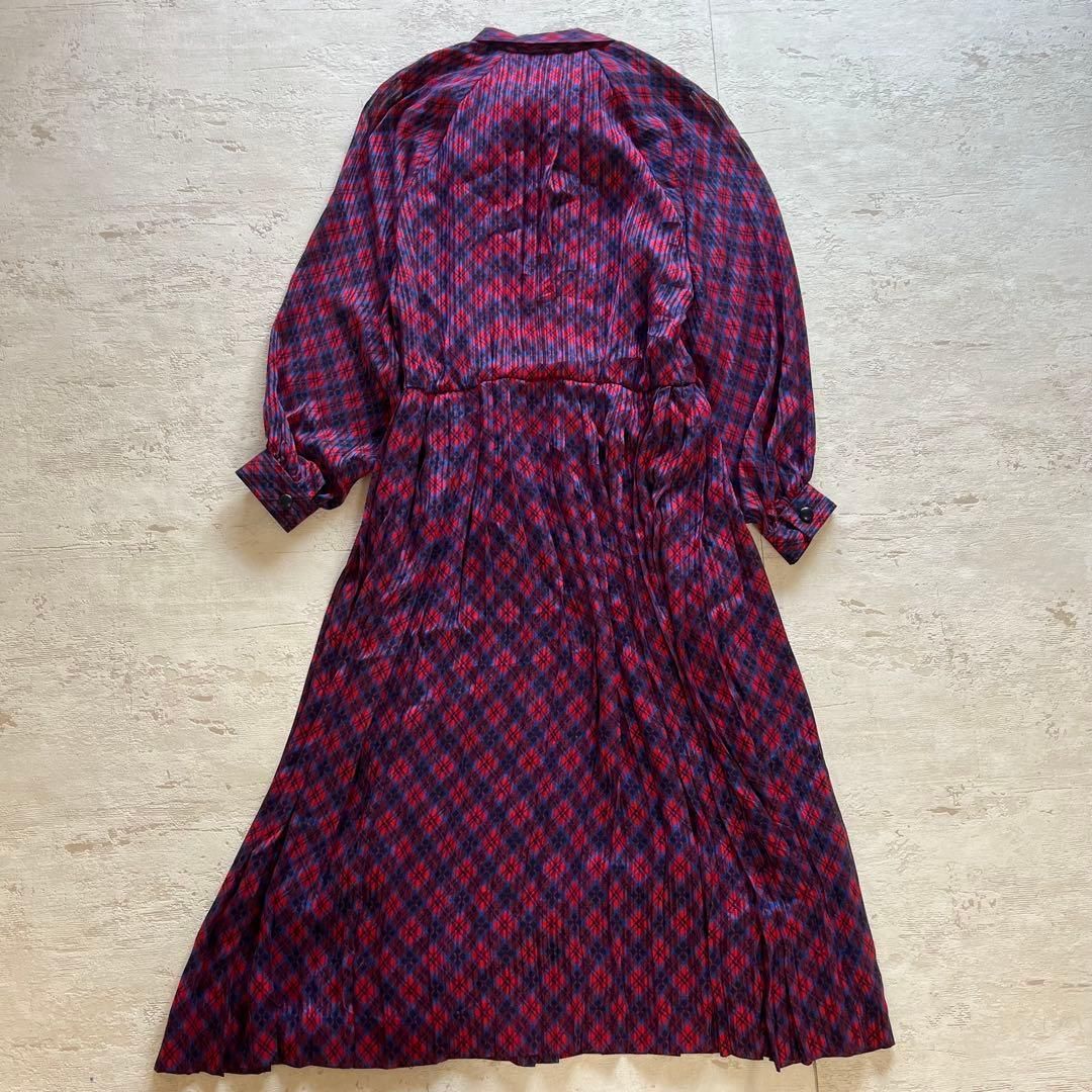 昭和レトロ 赤×紺チェックワンピース｜リボンタイ付き