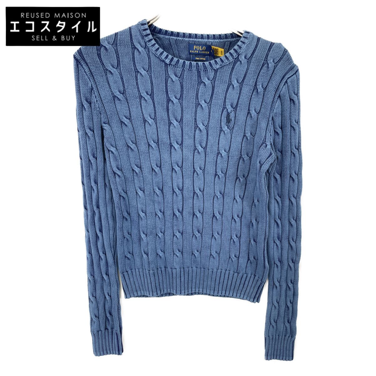 POLO RALPH LAUREN ポロ ラルフローレン ﾌﾞﾙｰ ｹｰﾌﾞﾙﾆｯﾄ ｺｯﾄﾝ100 ｾｰﾀｰ M