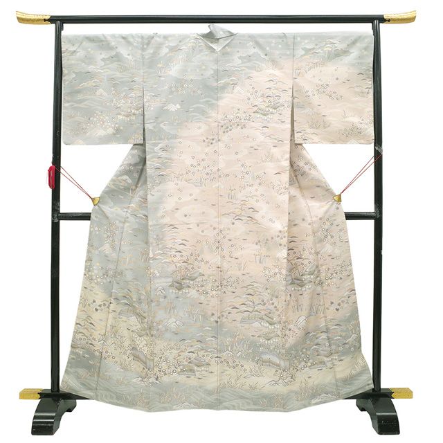 平紬 訪問着 着物 リサイクル 正絹 袷 灰緑 ベージュ 茶屋辻 カジュアル 春 秋 冬 上質 紬 グレー 白ベージュ 風景 仕立て上がり 身丈164 裄丈69 5 Ｌサイズ みやがわ sb 16619