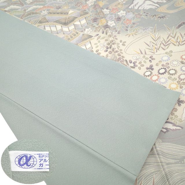  平紬 訪問着 着物 リサイクル 正絹 袷 灰緑 ベージュ 茶屋辻 カジュアル 春 秋 冬 上質 紬 グレー 白ベージュ 風景 仕立て上がり 身丈164 裄丈69.5 Ｌサイズ みやがわ sb 16619 紬 着物