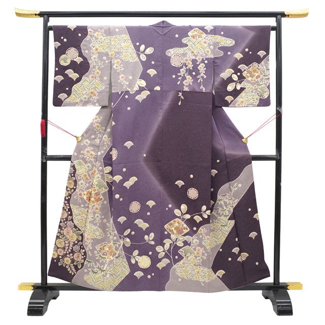 訪問着 着物 フォーマル リサイクル 正絹 袷 金駒刺繍 絞り 銀通し 金彩加工 手染め 紫 灰紫 染め分け地 辻が花 牡丹 桜 竹 菊 花 春 秋 冬 辻が花絞り 仕立て上がり 身丈160 裄丈65 5 Ｍサイズ みやがわ sb 16634