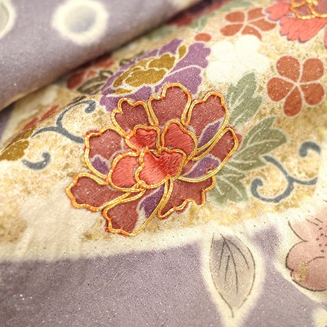  訪問着 着物 フォーマル リサイクル 正絹 袷 金駒刺繍 絞り 銀通し 金彩加工 手染め 紫 灰紫 染め分け地 辻が花 牡丹 桜 竹 菊 花 春 秋 冬 辻が花絞り 仕立て上がり 身丈160 裄丈65.5 Ｍサイズ みやがわ sb 16634 訪問着 付け下げ 着物