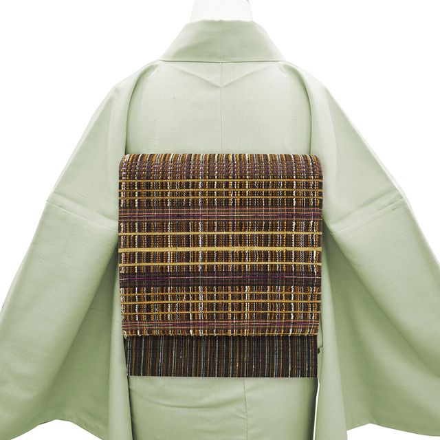 袋帯 正絹 西陣 じゅらく 帝王紫 落款 手織り 変わり織 金糸 こげ茶 紫 格子 カジュアル 春 秋 冬 上 仕立て上がり みやがわ sb 54746