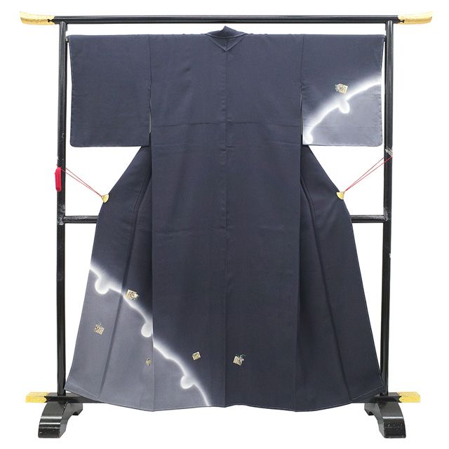 訪問着 着物 フォーマル 正絹 袷 螺鈿 金銀彩加工 手染め 黒紺 グレー 雪輪 源氏香 草花 春 秋 冬 上質 仕立て上がり 身丈161 裄丈67.5 Ｍサイズ みやがわ sb 16620