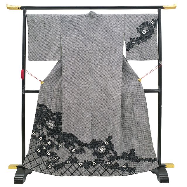 訪問着 着物 リサイクル フォーマル 正絹 総絞り 袷 黒 草花 菱格子 雲 春 秋 冬 上 絞り 仕立て上がり 身丈166 裄丈68 Ｌサイズ みやがわ sb 16632