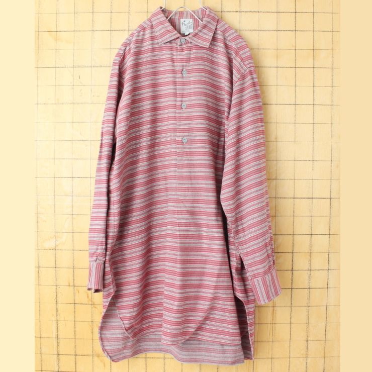 60s 70s EURO Basilea SPORT ボーダーグランパシャツ レッド メンズL相当 長袖 グランドファーザー ヨーロッパ古着 092425aw48