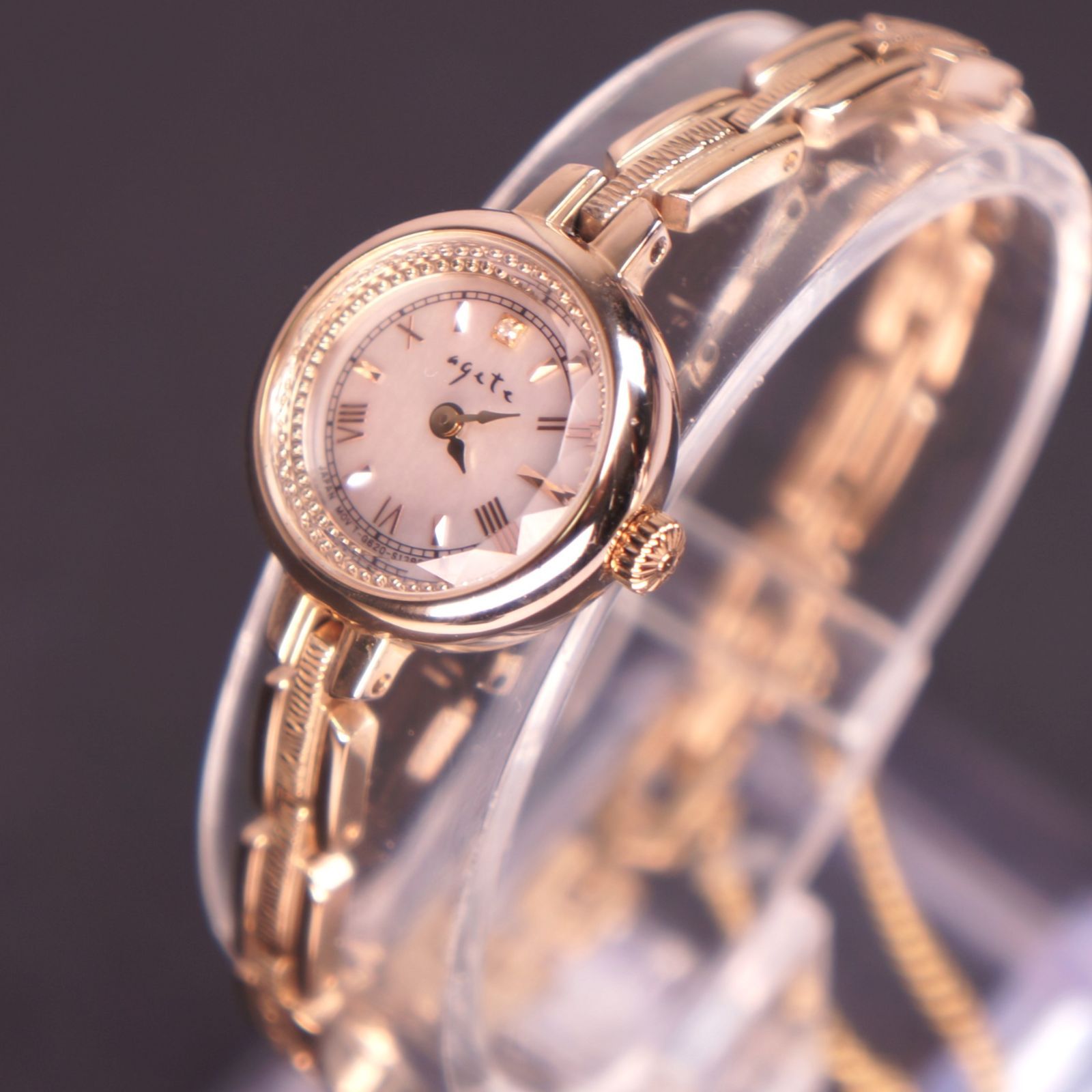 稼働 agete ラウンドフェイスソーラーウォッチ イエローゴールド 1Pダイヤ