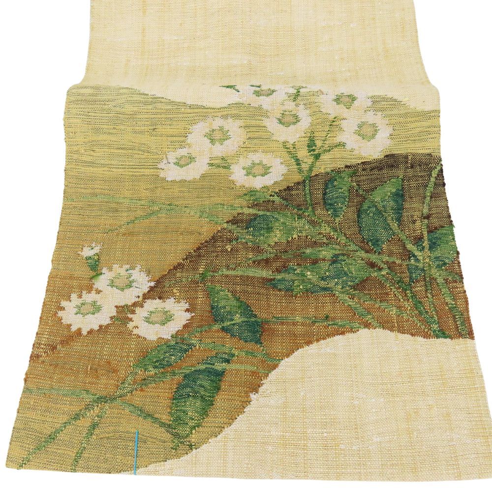 中古】 名古屋帯 正絹(金銀糸除く) ベージュ グリーン 草花柄 山岳柄