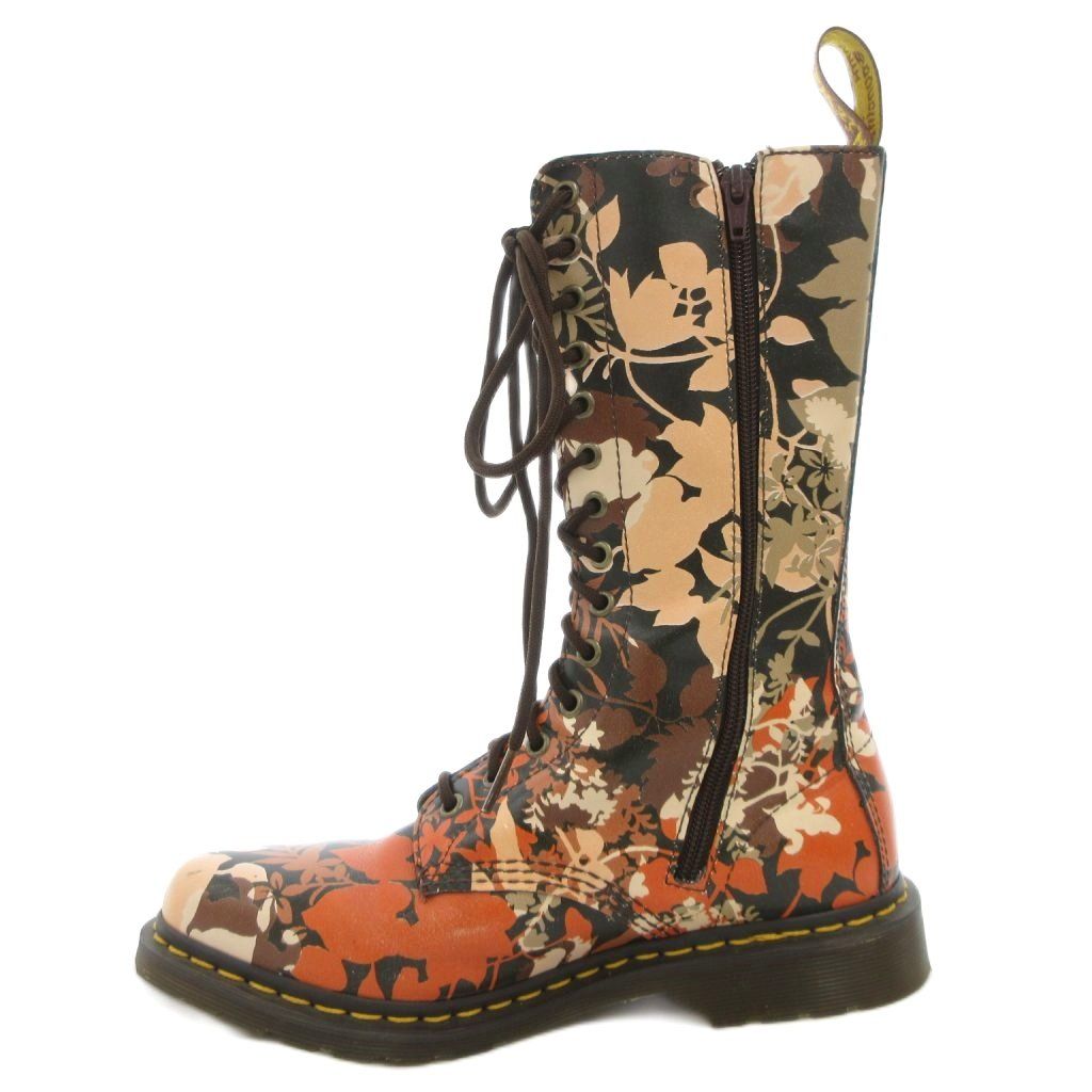 ドクターマーチン DR.MARTENS FALL FLORAL TALL 14 EYE POINTED TOE CERY ロングブーツ サイドジップ ポインテッドトゥ レースアップ レザー 革 総柄 UK 6 茶 ブラウン オレンジ