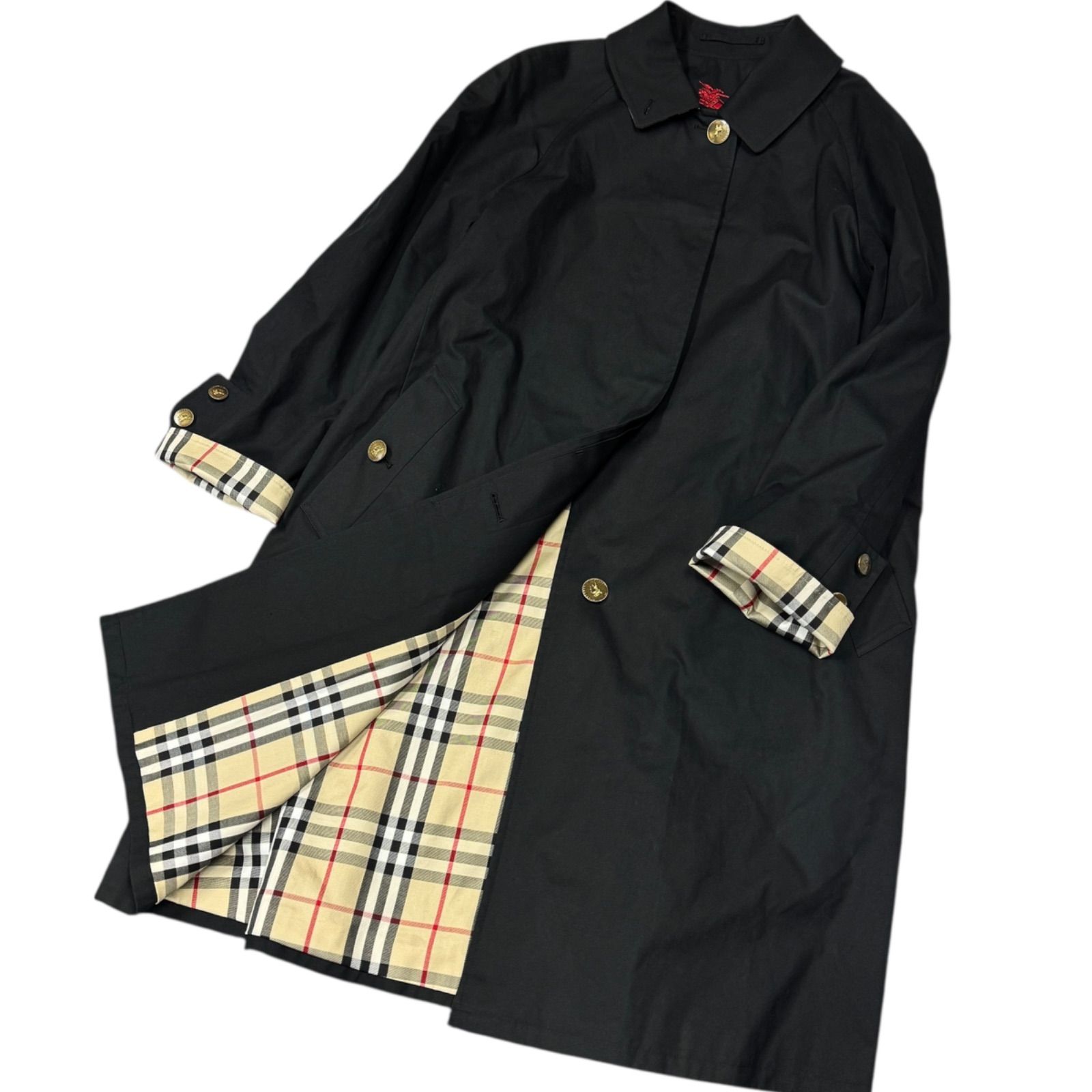 Burberrys バーバリー ノバチェック柄 ステン コート ロング ロゴボタン ブラック 9号 M相当 レディース ヴィンテージ