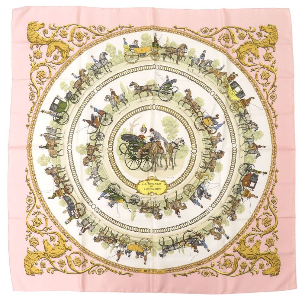 エルメス カレ90 LA PROMENADE DE LONGCHAMPS ロンシャンへの散歩 シルク ピンク スカーフ 0130 HERMES
