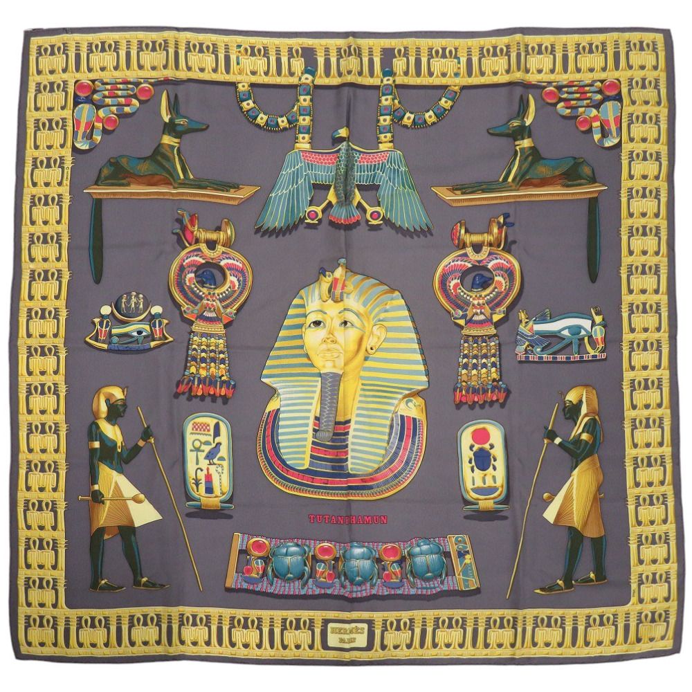 エルメス カレ90 TUTANKHAMUN ツタンカーメン シルク グレー スカーフ 0123 HERMES