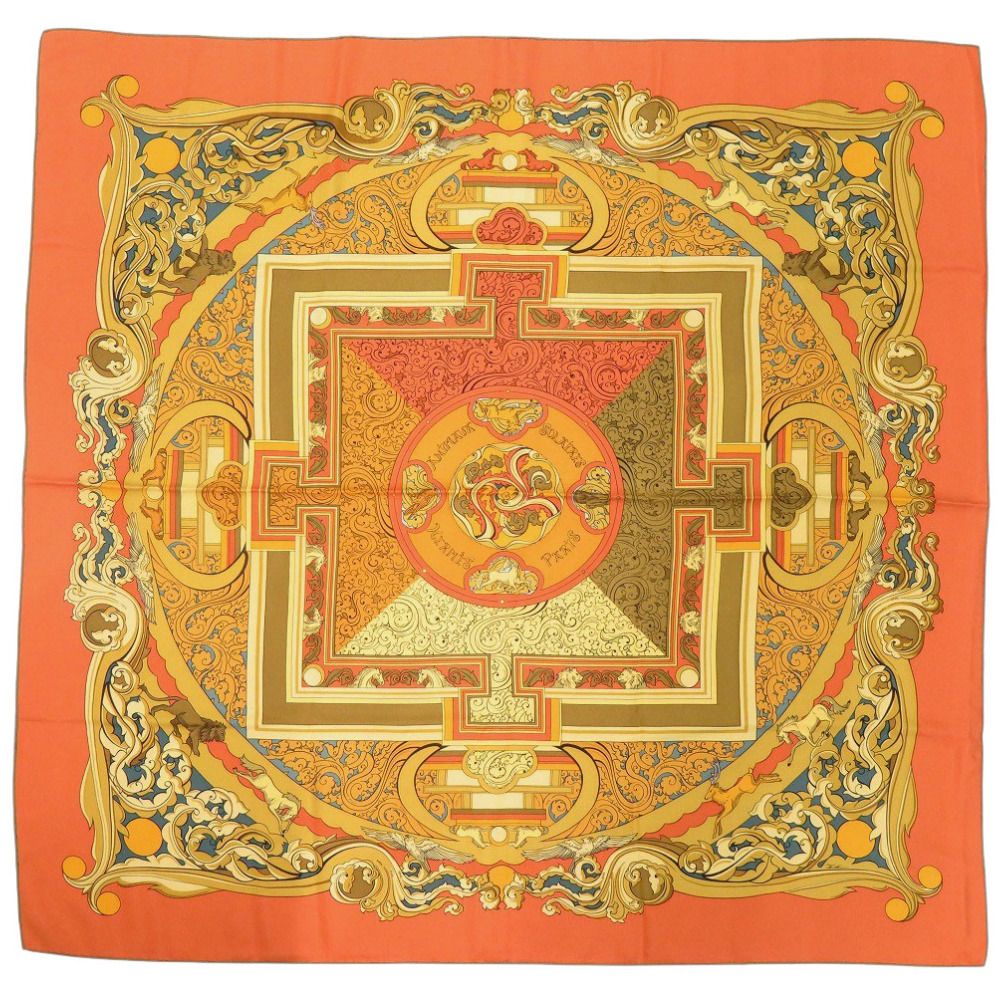 エルメス カレ90 ANIMAUX SOLAIRES 太陽の動物たち シルク オレンジ スカーフ 0097 HERMES
