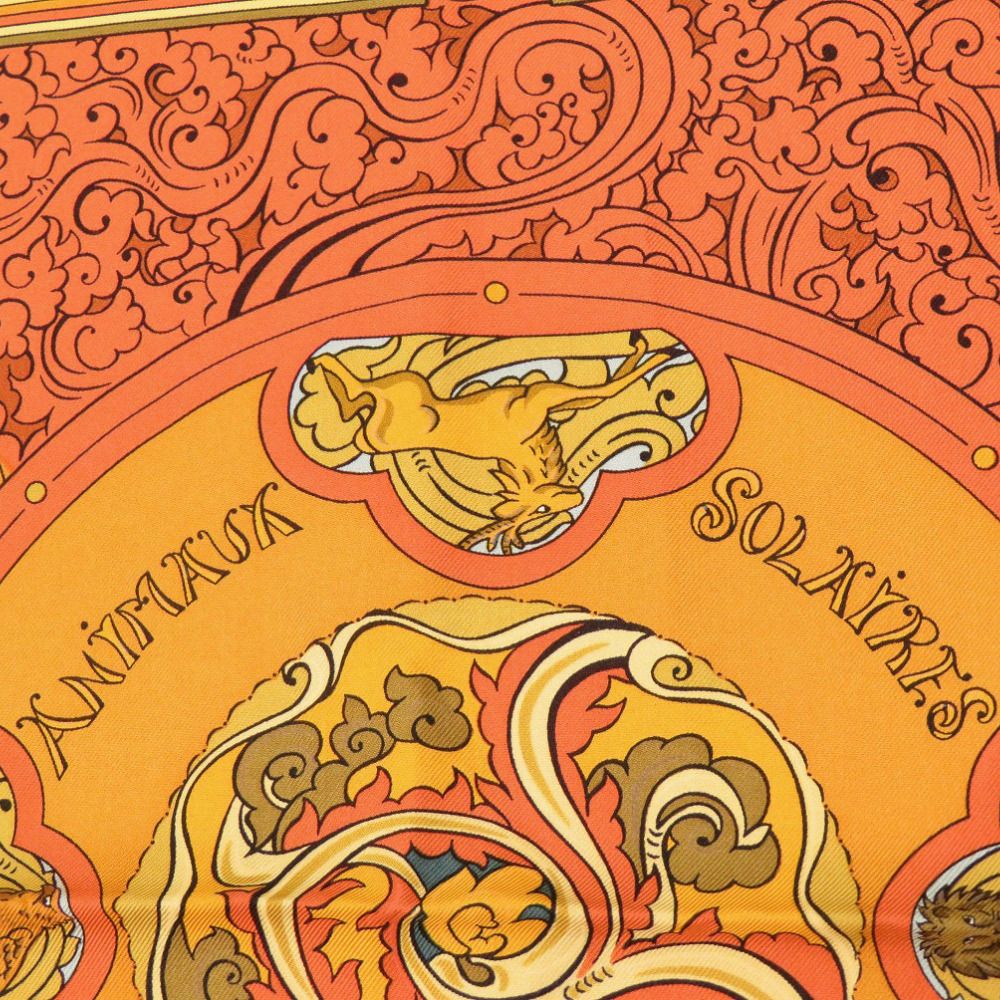 エルメス カレ90 ANIMAUX 太陽の動物たち シルク オレンジ スカーフ 0097 HERMES