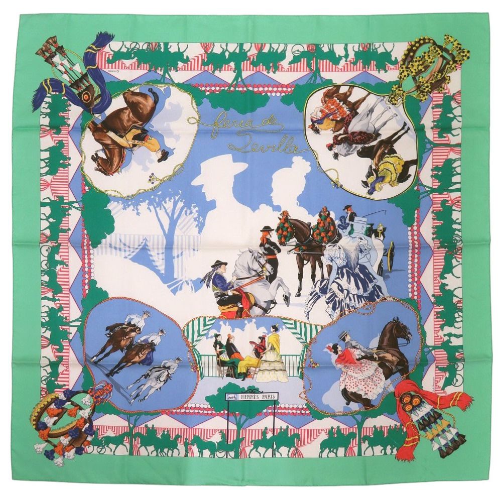 エルメス カレ90 FERIA DE SEVILLA セビリアの休日 シルク グリーン スカーフ 緑 0119 HERMES