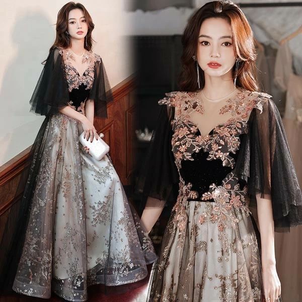 ドレス 大人 ピアノ 発表会 ロングドレス 刺繍ドレス 5分袖 イブニングドレス 演奏会 ピアノ発表会 ワンピース 二次会 女子会 パーティードレス 大人 S M L XL 2XL 3XL 4XL 黒