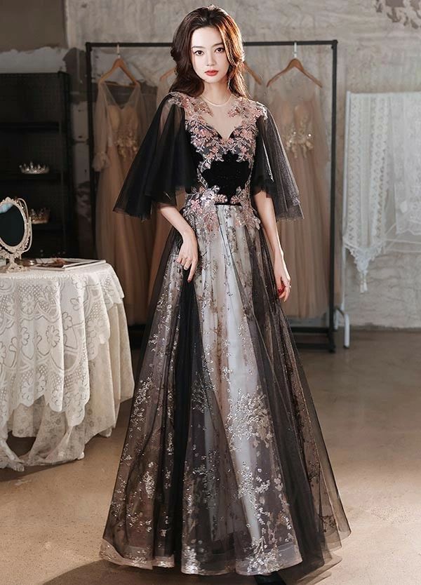 ドレス 大人 ピアノ 発表会 ロングドレス 刺繍ドレス 5分袖 イブニングドレス 演奏会 ピアノ発表会 ワンピース 二次会 女子会 パーティードレス 大人 S M L XL 2XL 3XL 4XL 黒