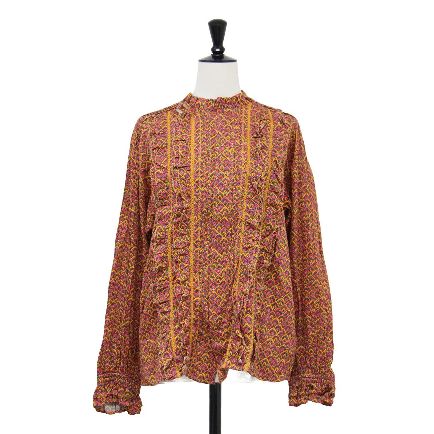 SOULEIADO ソレイアード ブラウス オレンジ系 サイズ:36(9号) | 24秋冬 コットン プリント フリルカラー ブラウス / シャツ | 長袖 スタンドカラー レース 総柄 | トップス【レディース】【中古】【K4634】 SOULEIADO ソレイアード ブラウス オレンジ系 サイズ:36(9号) | 24秋冬