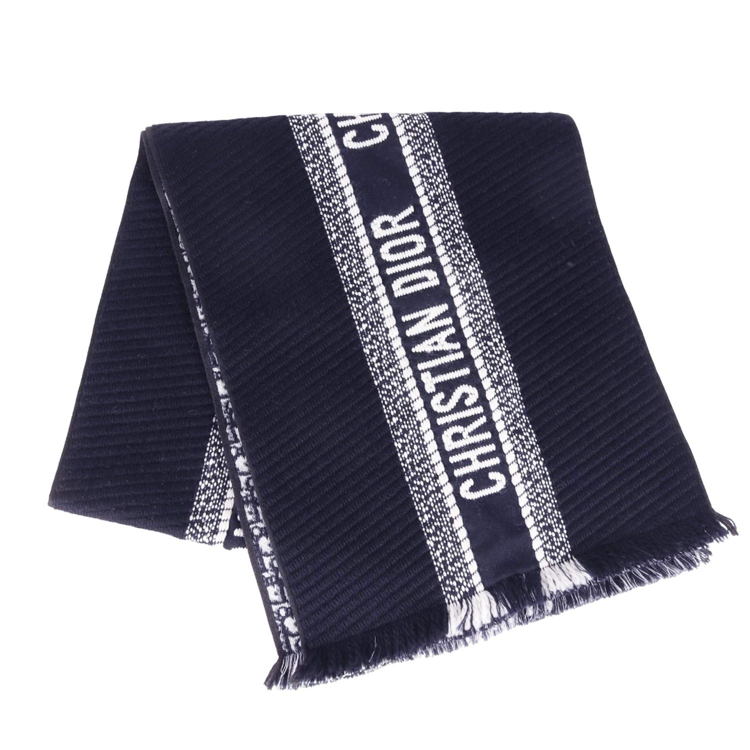 Christian Dior クリスチャンディオール オブリーク リバーシブル ストール マフラー 大判 フリンジ ロゴ ジャガード ウール シルク ネイビー ホワイト イタリア製 レディース