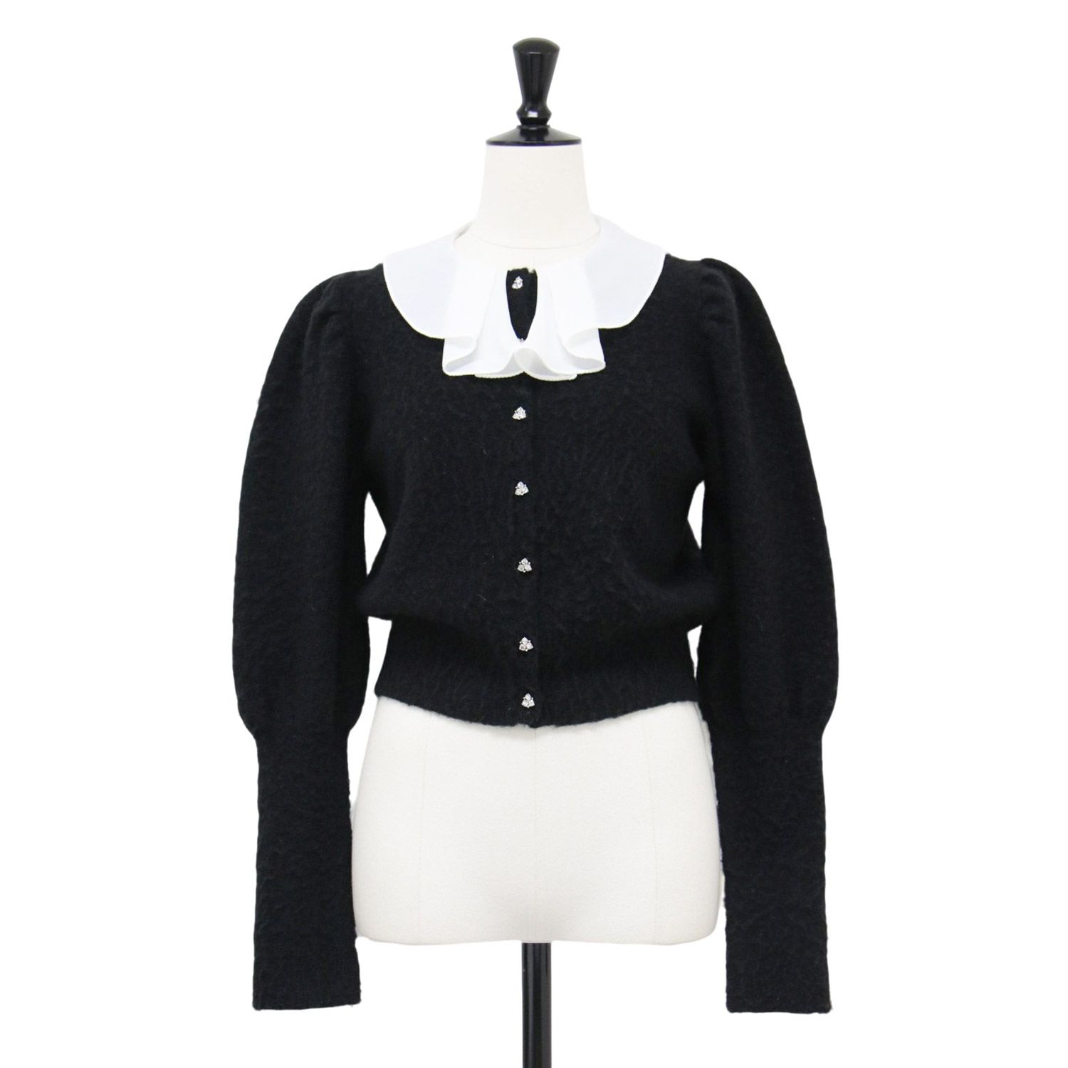 CELFORD セルフォード カーディガン ブラック 黒 サイズ 36 S 22秋冬 フリル 付き ビジュー カーディガン ニット ショート丈 長袖 クルーネック ウール トップス セーター レディース