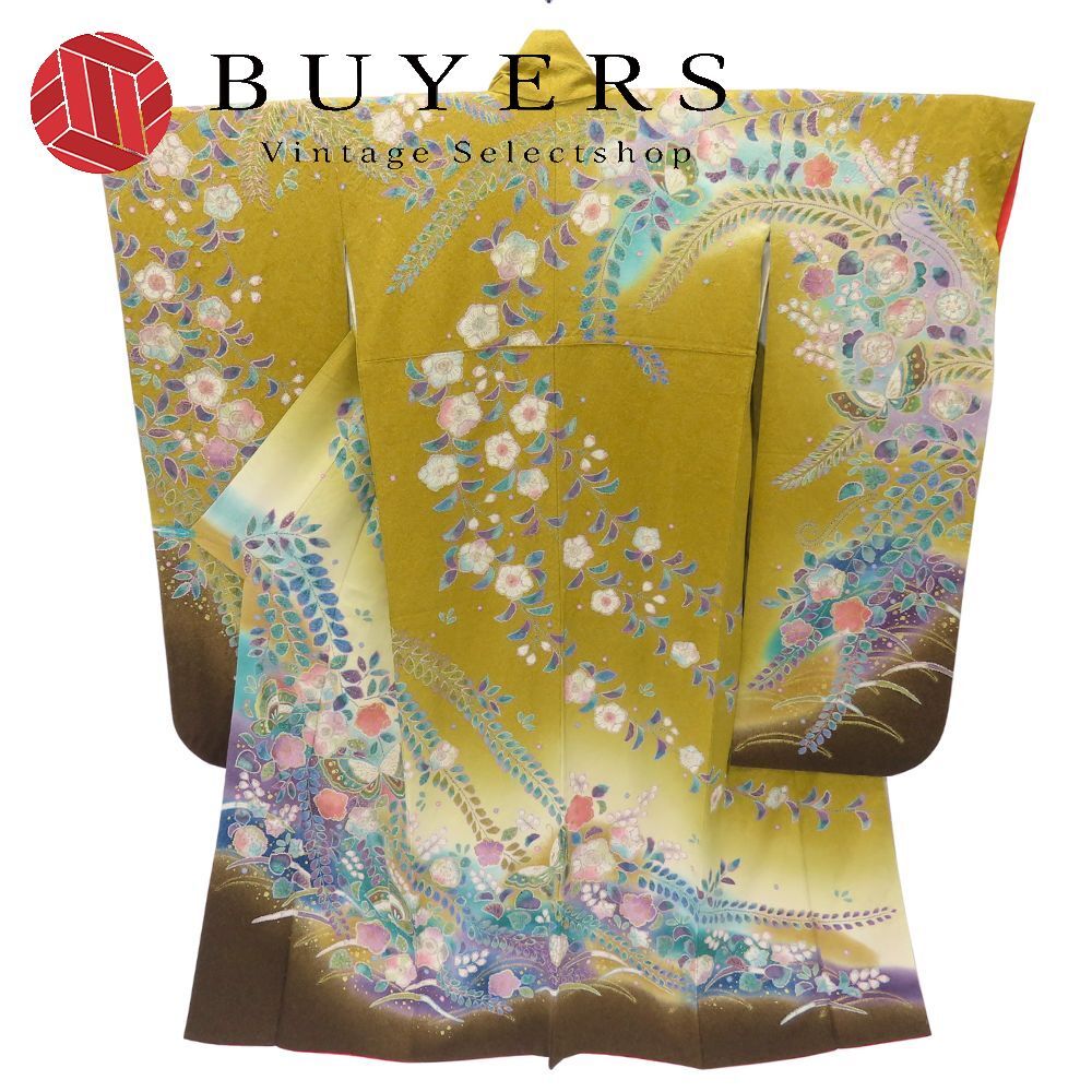中古 振袖 正絹 マスタード 成人式 辻が花 和装 呉服 和服 きもの レディース 女性 中古】 振袖 正絹 マスタード 成人式 辻が花 和装 呉服 和服 きもの
